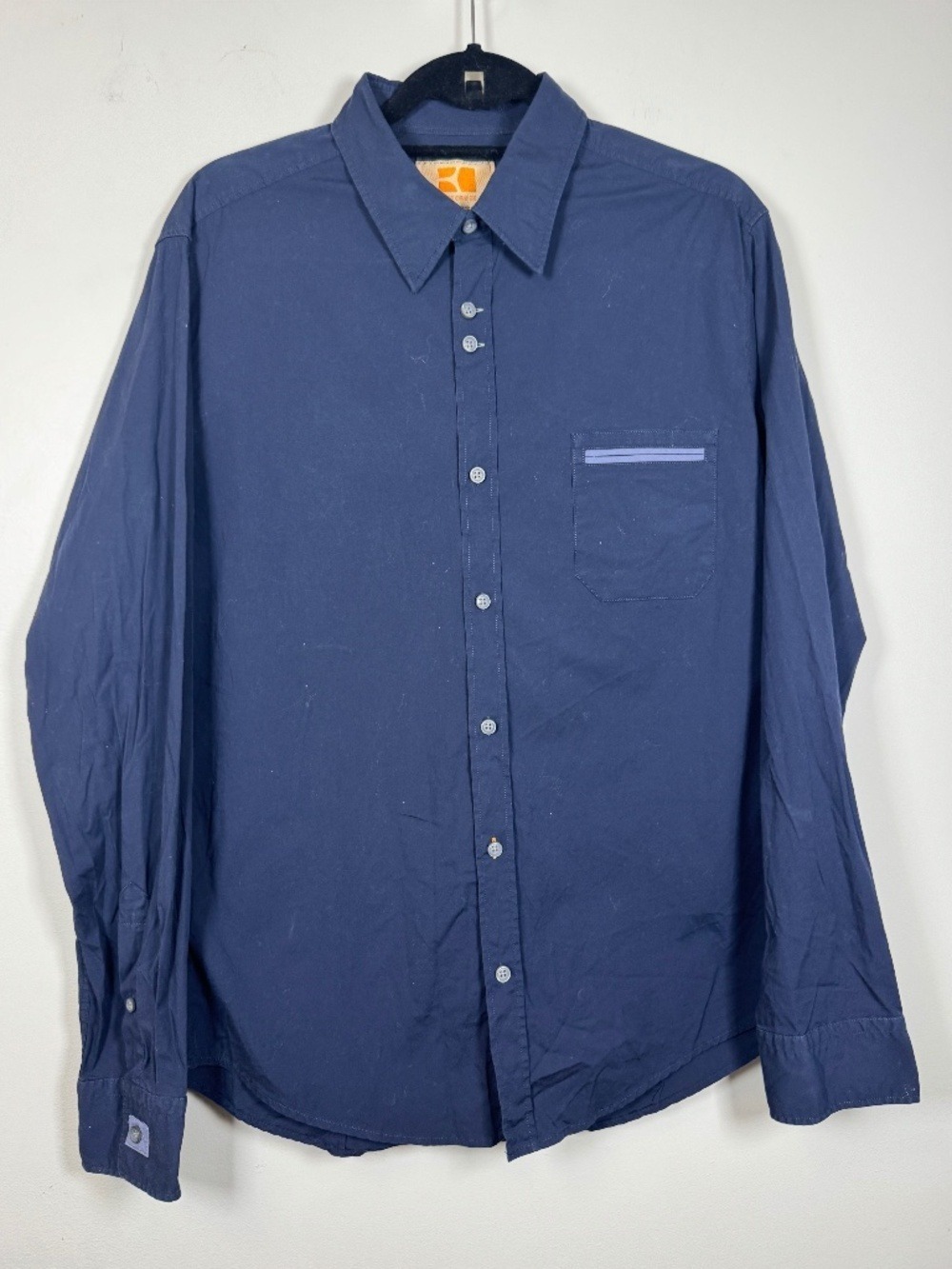 BOSS ORANGE Men's Navy Blue Casual Button-Down Shirt Large